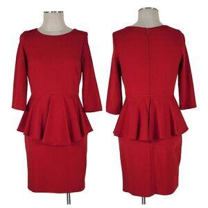 Belle Badgley Mischka Peplum Dress Size 4 Back Zipper 3/4 Sleeve Lined Red